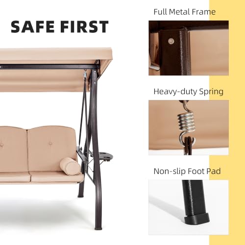 3 Seat Porch Swing with Adjustable Canopy (Khaki)