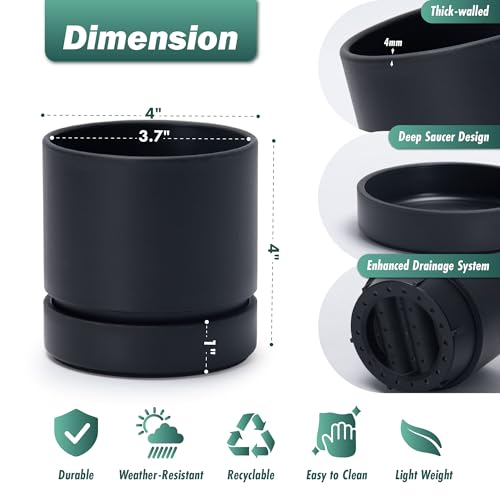 4 Inch Planter Pot with Drainage Hole & Saucer (4" (2 Pack) / Matte Black)