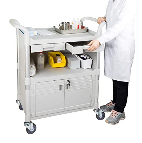 Equip Larger 3 Shelf Heavy Duty Lockable Hospital cart Medical cart (White3kd1)