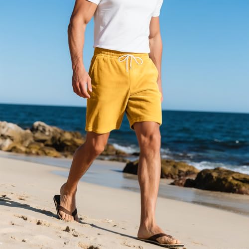 Men's Corduroy Shorts Casual Elastic Waist Drawstring Lightweight Summer Beach Shorts (Yellow-1 / XX-Large)