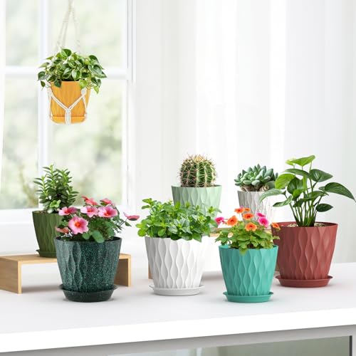 7/6.5/6/5.5/5/4.5/4 inch Plant Pots for Indoor Outdoor Plants, 7 Pack Thick Flower Pots with Drainage Holes and Saucers, Wave Texture Plastic Planters Nursery Pots, Black with Green Speckles (Black With Green Speckles / 7+6.5+6+5.5+5+4.5+4 inch 7 pieces)