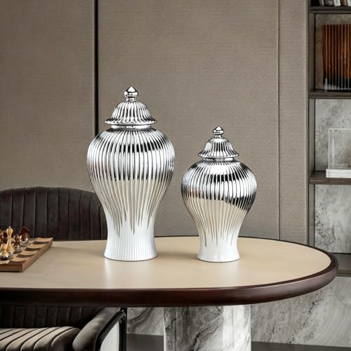 Ginger Jar White Gold Ceramic Vase Large Handmade Porcelain Vases with Lid (B-Silver-Medium)