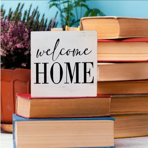 Welcome Home Sign Home Decor Desk Decor Wooden Box Sign Rustic Black Wood White Plaque Box Sign for Women Family Friends Farmhouse Living Room Kitchen Bedroom Shelf Table Decoration (white1136)