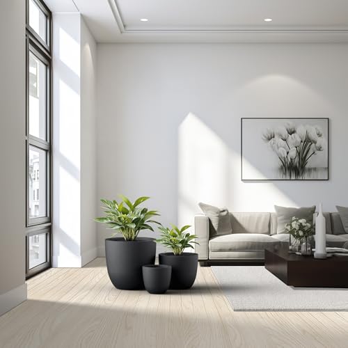 Set of 3 Black Concrete Bowl Round Planters for Modern Home (Black / Set of 3: 10/14/18-Inch Dia)