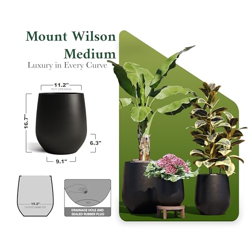 Signature Mount Wilson Modern Indoor Outdoor Fiberstone Tapered Planter (Black / 15'' D x 16.7'' H)