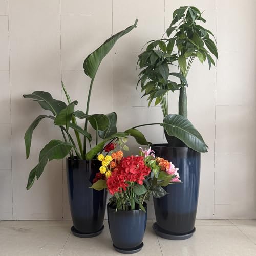 24/21/11 Inch Tall Planter Pots Garden Plastic Planters - Set of 3 for Indoor & Outdoor Use - Decorative Lightweight Flower Pots (Cobalt Blue)