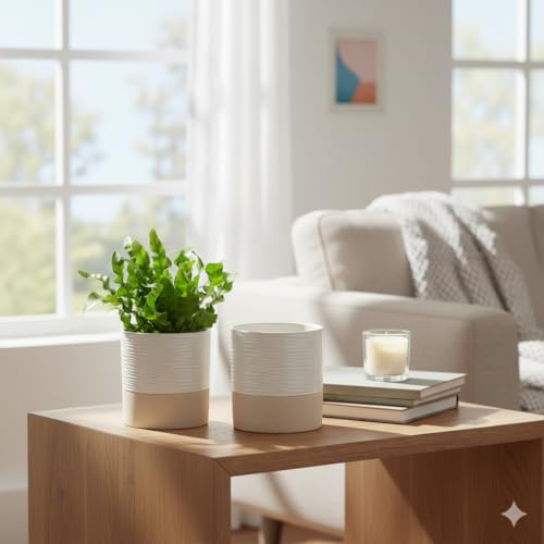 Ceramic Self Watering Plant Pot for Indoor Plants (Cream White & Brown / 4.5"+4.5" Self Watering)