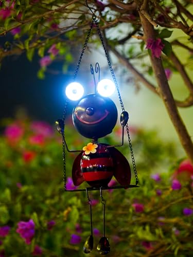 Solar Lady Bugs Swing Metal Ladybug Hanging Animal Garden Decor Waterproof Solar Lights Decorative Outdoor Lights for Outside Patio Balcony Pathway Lawn Yard