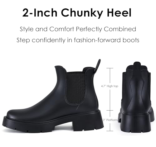 Women's Ankle Rain Boots Waterproof Chelsea Boots (8.5 / Platform Black)