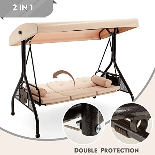 3 Seat Porch Swing with Adjustable Canopy (Khaki)