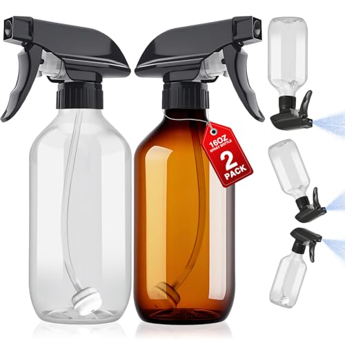 Plastic Spray Bottles 2pcs 16oz Small Bottle for Cleaning Brown & Clear (16 Ounces / Clear & Brown)