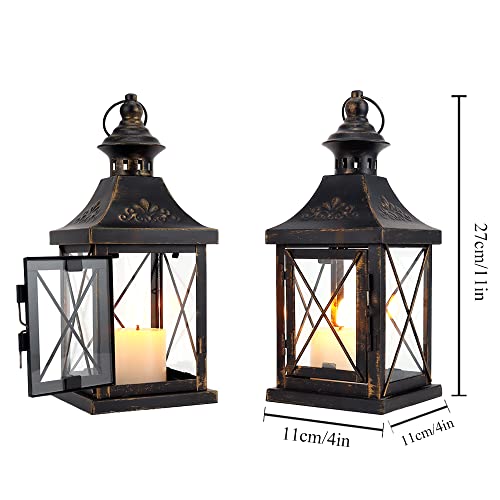 Set of 2 Decorative Candle Lantern 11'' High Metal Candle Holder Hanging Lantern Perfect for Home Decor Halloween Living Room Parties Events Tabletop Indoors Outdoors (Black)