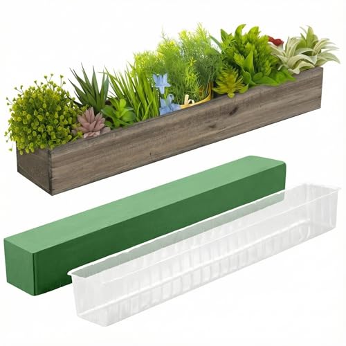1 Set Wood Boxes for Centerpieces 28x5 Inch Rectangle Wooden Planter Box Rustic Wooden Planters with Removable Plastic Liner Floral Foam Blocks for Christmas Wedding Home Garden Decor (28 x 5 Inch / Brown)