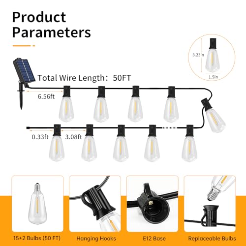 50FT Solar String Lights Outdoor Waterproof (50FT(15 Sockets))