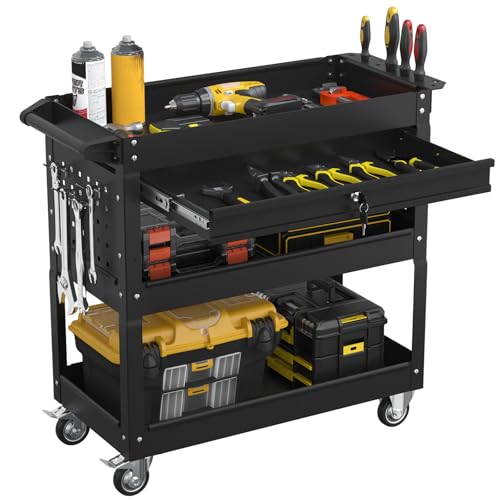 3 Tier Heavy Duty Rolling Tool Cart with Drawers (Black)