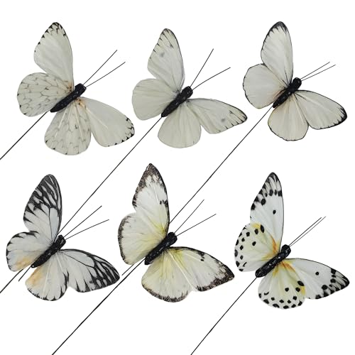 Artificial Feather 3D Butterfly Party Decorations Set of 12 with Wire 6 Color Ornaments for Christmas Tree (D Wire)