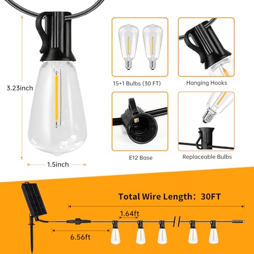 30FT Solar String Lights Outdoor Waterproof with Remote and 15+1 Shatterproof Bulbs (30FT(15 Sockets))