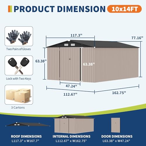 10x14 FT Metal Storage Sheds Outdoor (Brown / 10x14FT)
