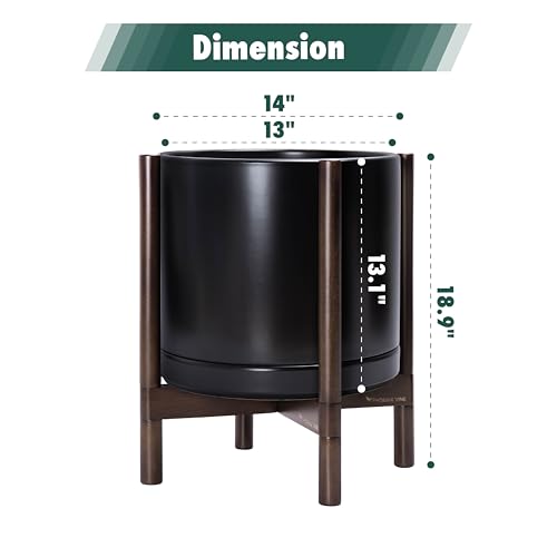 Ceramic Pot with Walnut Wood Stand (14 Inch / Black Pot + Walnut Color Stand)