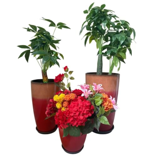 24,21,11 Inch Large Plastic Planters with Drainage Hole and Saucer - Set of 3 Tall Plant Pots Indoor Flower Pot Tall Round Planters Outdoor Large Tall Planter (Sunset Red)
