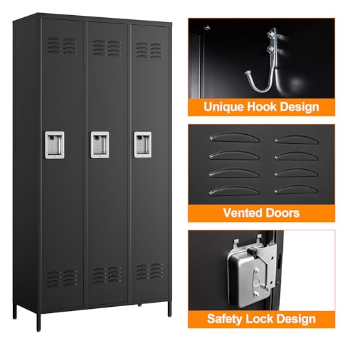 Metal Locker Storage Locker (Black(4 Legs) / 3 Doors-Wide-71")