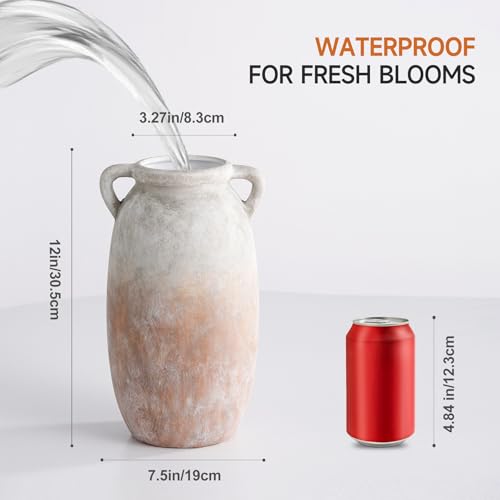 Ceramic Flower Vase 12 inch Farmhouse Rustic Vase Decorative Pottery Terracotta Tall Vases for Home Decor Table Mantle Fireplace Living Room Bathroom Wedding Centerpiece (L-aged Terra)