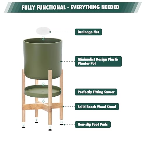 Plastic Pot with Natural Wood Stand (Olive Pot + Natural Stand / 12 Inch)