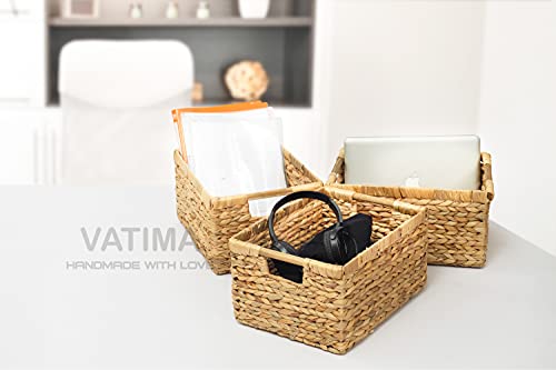 Large Rectangular Wicker Basket with Wooden Handles for Shelves and Storage (Water Hyacinth / Large (14.5"L x 10.3"W x 7.5"H))