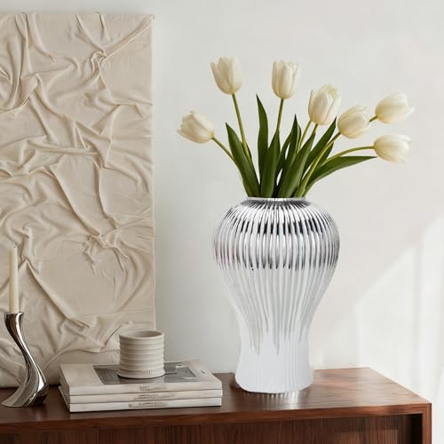 Ginger Jar White Gold Ceramic Vase Large Handmade Porcelain Vases with Lid (B-Silver-Medium)