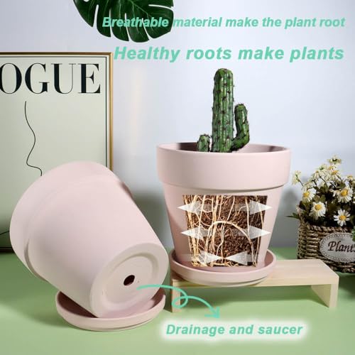 6 Inch Pink Terracotta & Clay Pots with Saucer (4 Count)
