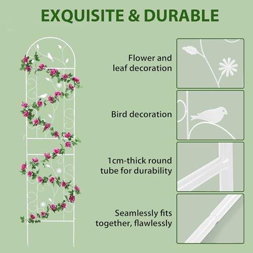 86.5" x 19.7" Metal Garden Trellis for Climbing Plants (1 Pack - Arched - 86.5" x 19.7"-White)