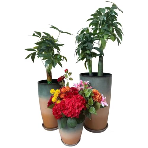 24,21,11 Inch Large Plastic Planters with Drainage Hole and Saucer - Set of 3 Tall Plant Pots Indoor Flower Pot Tall Round Planters Outdoor Large Tall Planter (Colorful)