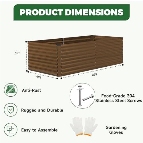 8x4x3ft Outdoor Metal Raised Garden Bed (Brown / 8x4x3 FT-2PC)