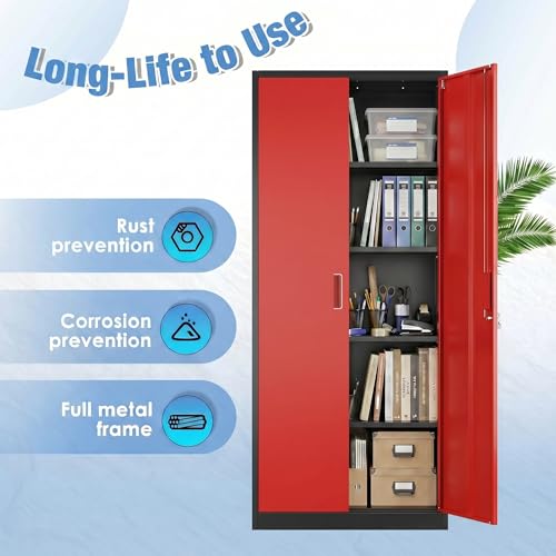 71 Inch Lockable Metal Storage Cabinet (Black & Red / 15.75"D x 31.50"W x 70.87"H)