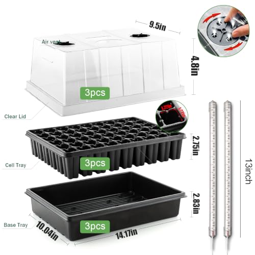 3 Pack Seed Starter Trays with Grow Lights (3p Trays+Domes+54 Cells+Lights)