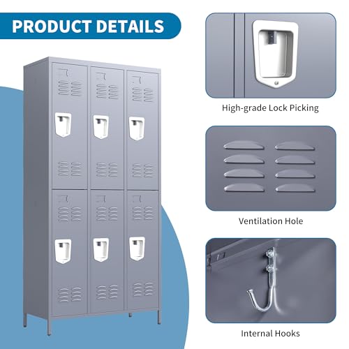 6 Doors Metal Lockers for Employees 72" H Storage Cabinet Lockable Locker with Shelves Steel Storage Locker for Gym School Office Home Requires Assembly (6 doors-72" / Grey)