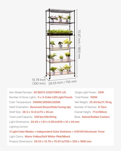 Plant Shelf with Grow Light (Black / 6-Tier)