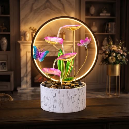 15 Inch H Tabletop Zen Water Fountain with LED Light (Pink Butterfly)