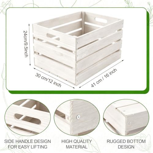 3 Pack Large Wood Crates Box for Storage 16 x 12 x 9.5 Inches Unassembled Wooden Milk Crates with Handle Decorative Nesting Box for Winter Display Rustic DIY Office Home Retail Art (White / 16 Inch)
