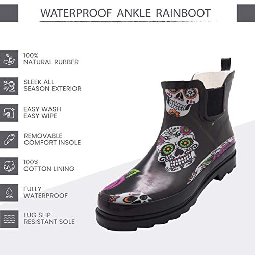 Women's Waterproof Ankle Rain Boots (8 / Black Skulls)