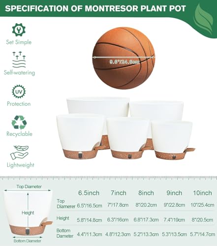 5-Pack 10/9/8/7/6.5Inch Self Watering Pots for Inoor Plants Plastic Planter (White / 6.5/7/8/9/10 Inch)