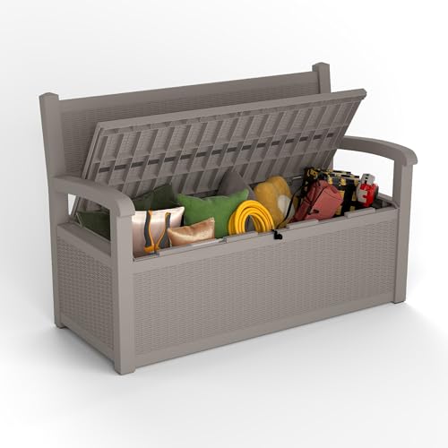 80 Gallon Outdoor Storage Bench Lockable Deck Box Outdoor Storage Box Waterproof for Patio (Grey Pattern / 80 Gallon)