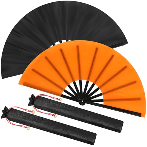 2 Packs Large Folding Hand Fans (Black and Orange)