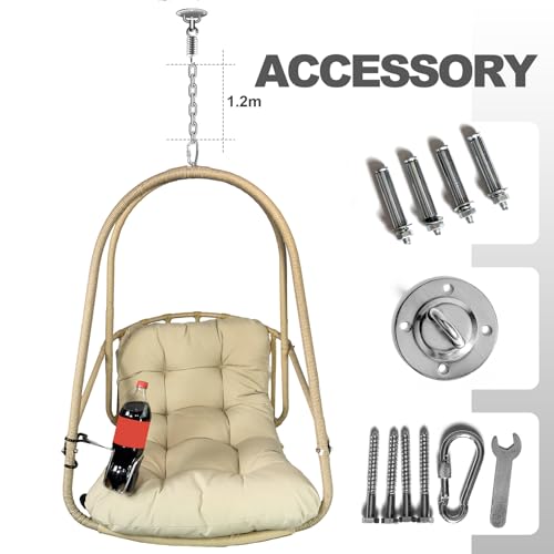 Swing Egg Chair with Stand Foldable Wicker Frame UV Resistant Waterproof Cushion Hanging Chairs with Cup Holder 350lbs Capacity Swing Hammock Chairs for Patio Bedroom Indoor Outside (Beige)