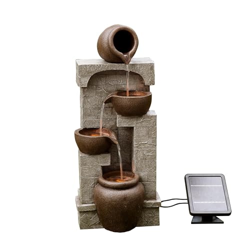 28 in. Cascading Bowls and Stacked Stones LED Outdoor Water Fountain for Outdoor Living Spaces to Create a Calming Oasis in Gardens and Landscaping (Brown / 28")