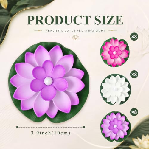 24 Pcs Floating Lotus LED Lights (White,Pink,Purple / 3.94 Inch)
