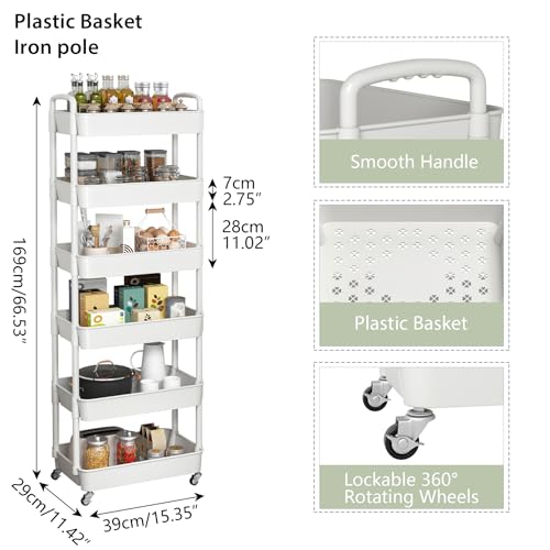 6 Tier Plastic Rolling Utility Cart with Wheels for Storage