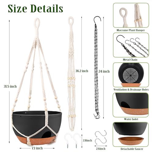 12 Inch Hanging Basket Planter with Chain & Rope for Indoor Outdoor Plants (2 Type Plant Hangers Black / 12 Inch)
