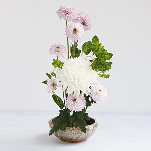 Minoyaki Series Small Round Glazed Ikebana Flower Vase (5.04 x 5.04 x 1.89 inches / White Stripe and Terracotta)