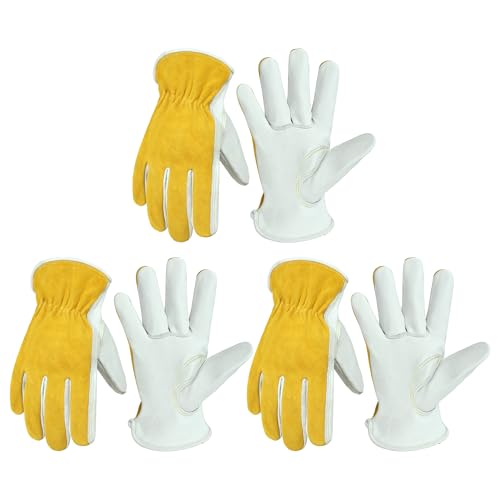 3 Pairs Leather Work Gloves for Men & Women (Beige-yellow (3 Pairs) / X-Large)